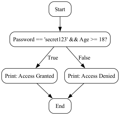 In the visualized flow, the valid inputs bypass the else block, which would otherwise execute if the password was incorrect or the age was insufficient.