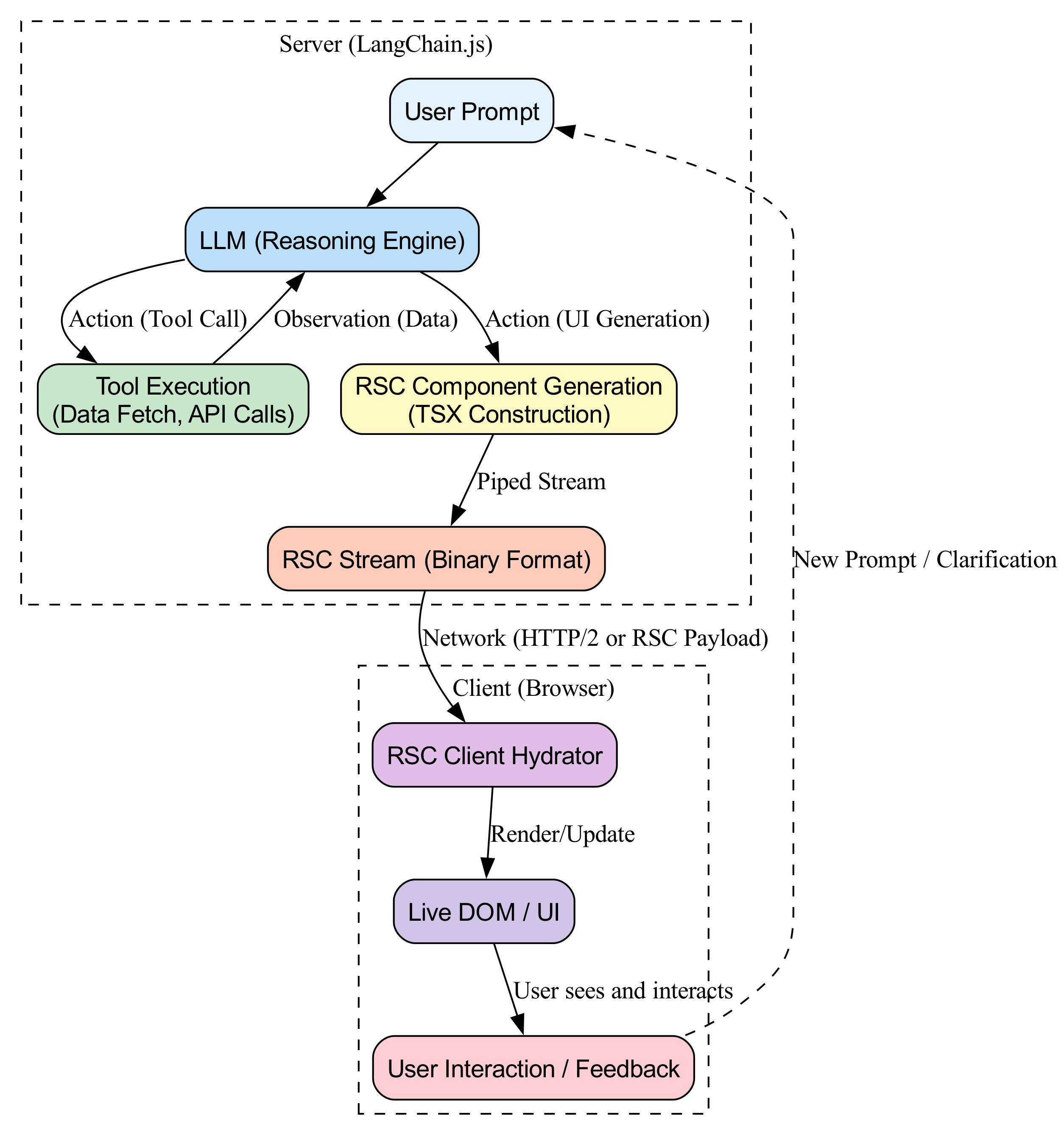 A server-side Thought-Action-Observation loop processes AI reasoning and executes actions, piping the resulting UI components to the client for display.