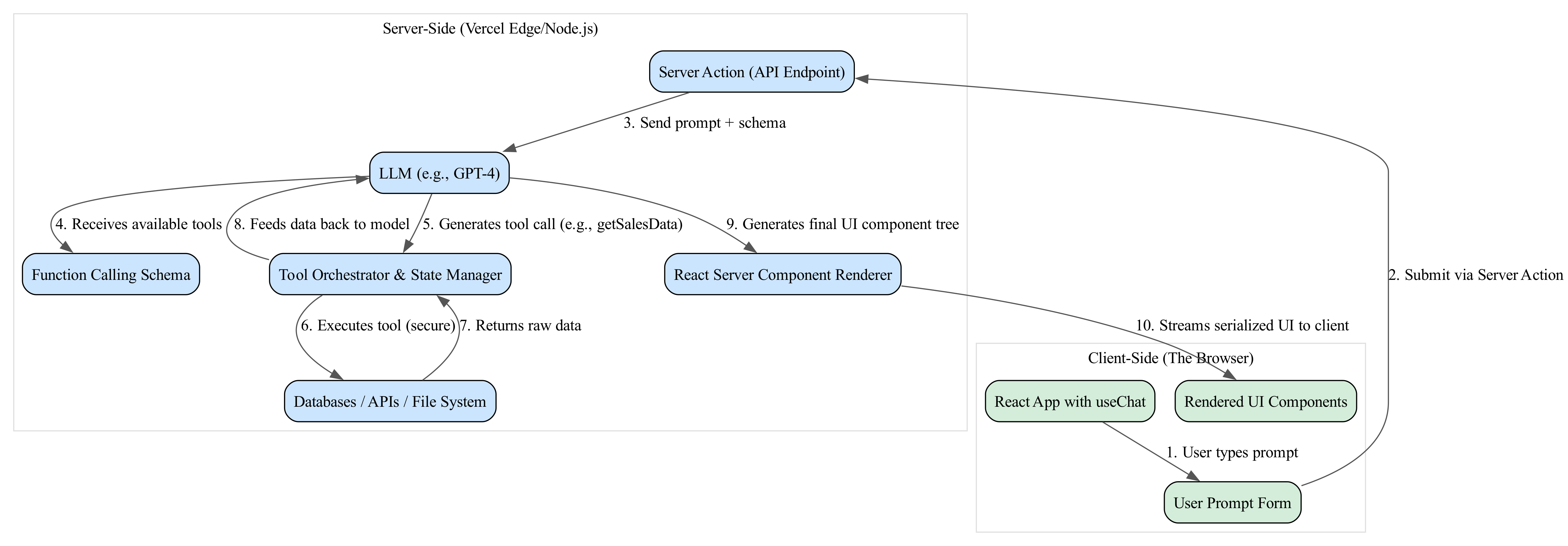 This diagram illustrates the architectural flow of a generative UI application, tracing a user request from the frontend through an AI orchestrator to backend tools, and returning structured data that renders into dynamic UI components.