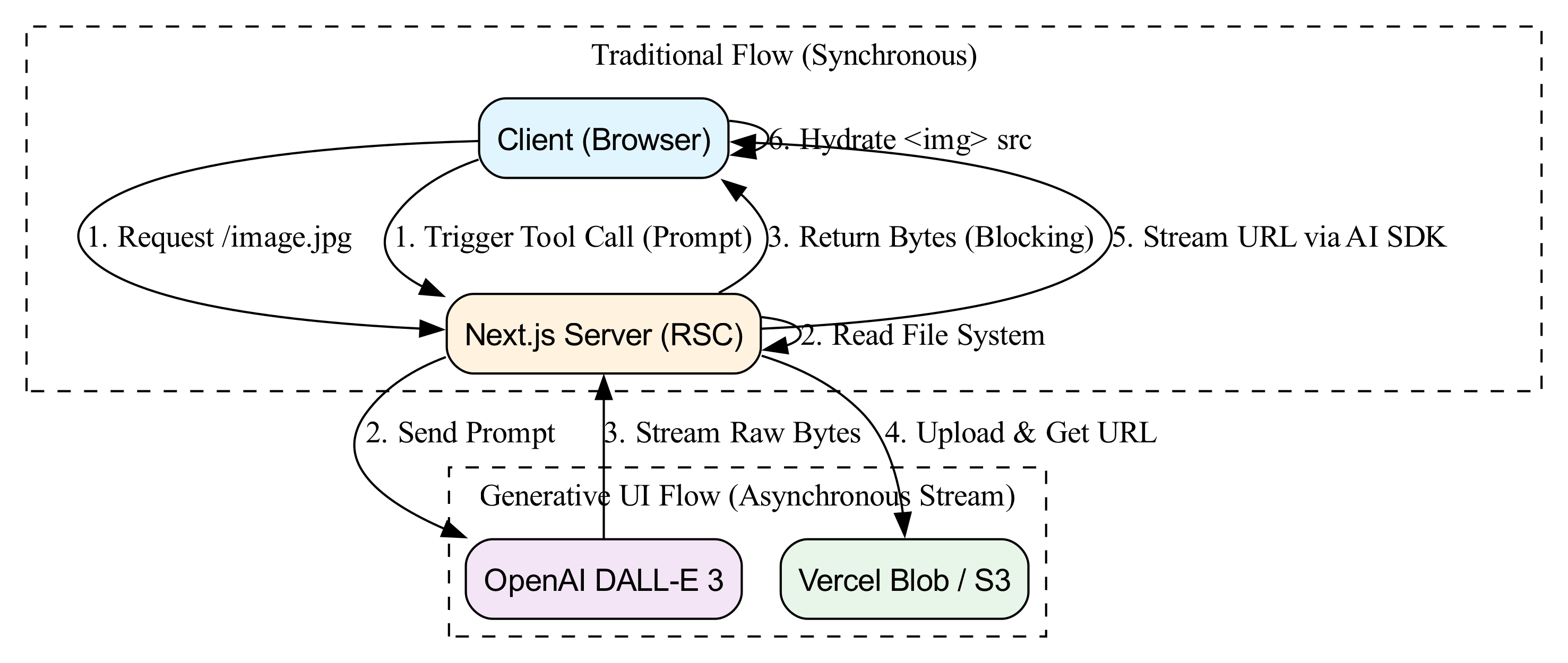 This diagram illustrates the asynchronous data flow where a Client Component subscribes to a stream, progressively updating local state (such as imageUrl and isLoading) as image data arrives, contrasting this dynamic lifecycle with a traditional synchronous request.