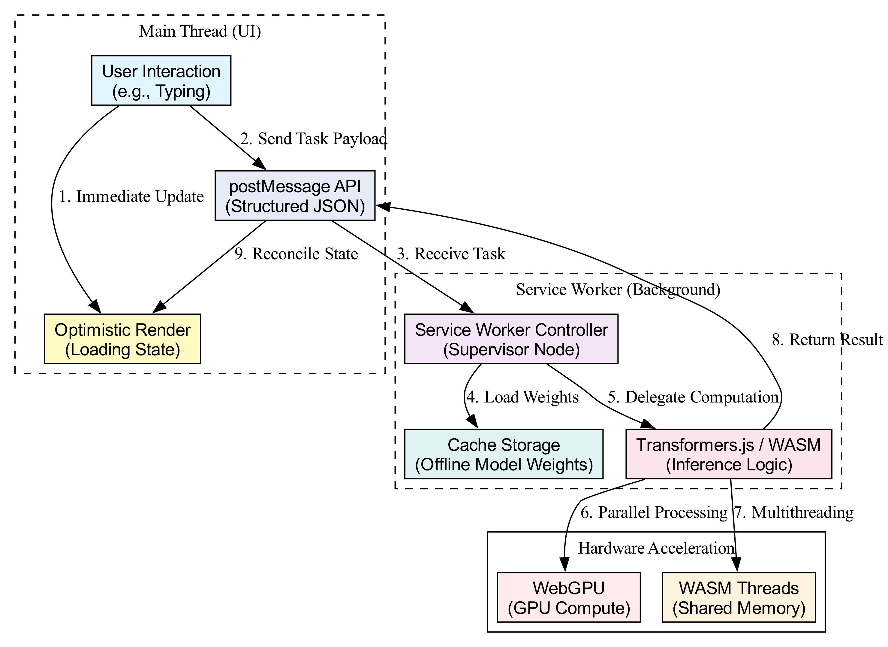 This diagram visualizes the Supervisor Node's decision-making strategy, showing how it orchestrates data flow between the Main Thread (UI), the Service Worker (Background AI Engine), and Hardware (WebGPU) based on user context, such as tab activity or active cooking tasks.