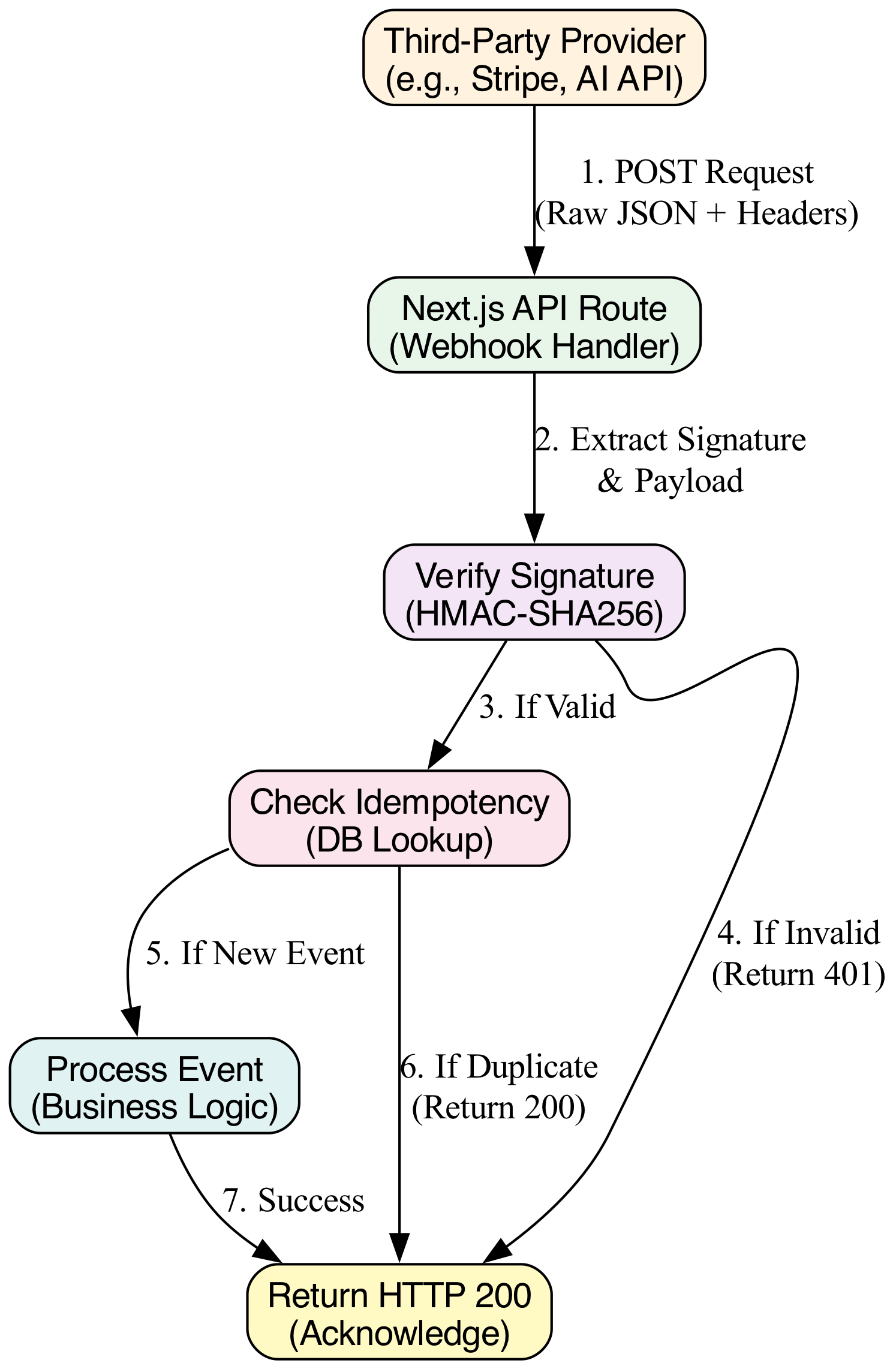 This diagram illustrates the complete lifecycle of an incoming webhook request, tracing its path from the external provider through your SaaS application's validation and processing logic, highlighting the decision point where a 500 status code is returned to trigger a retry.