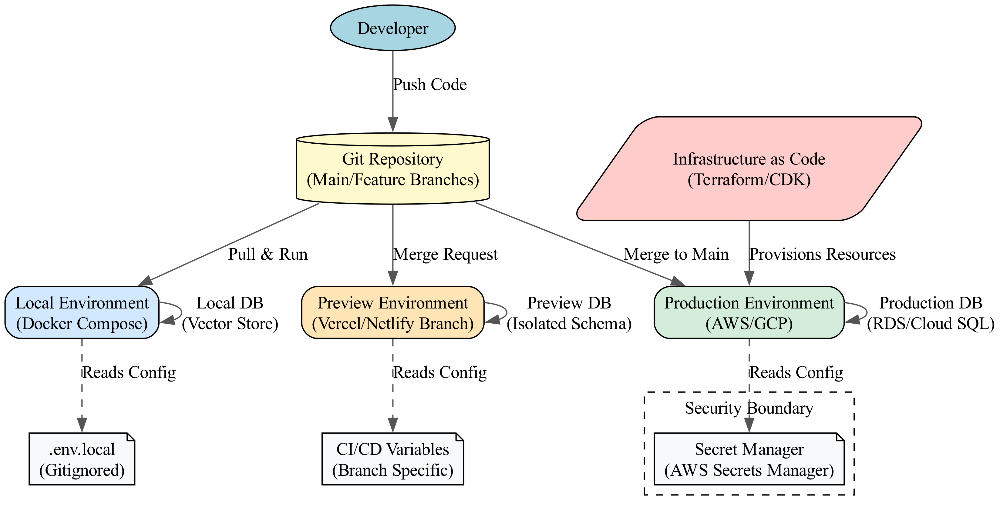 The diagram visually maps the identical local, staging, and production environments, connected by CI/CD and IaC gatekeepers, to demonstrate how consistency prevents the it works on my machine syndrome.