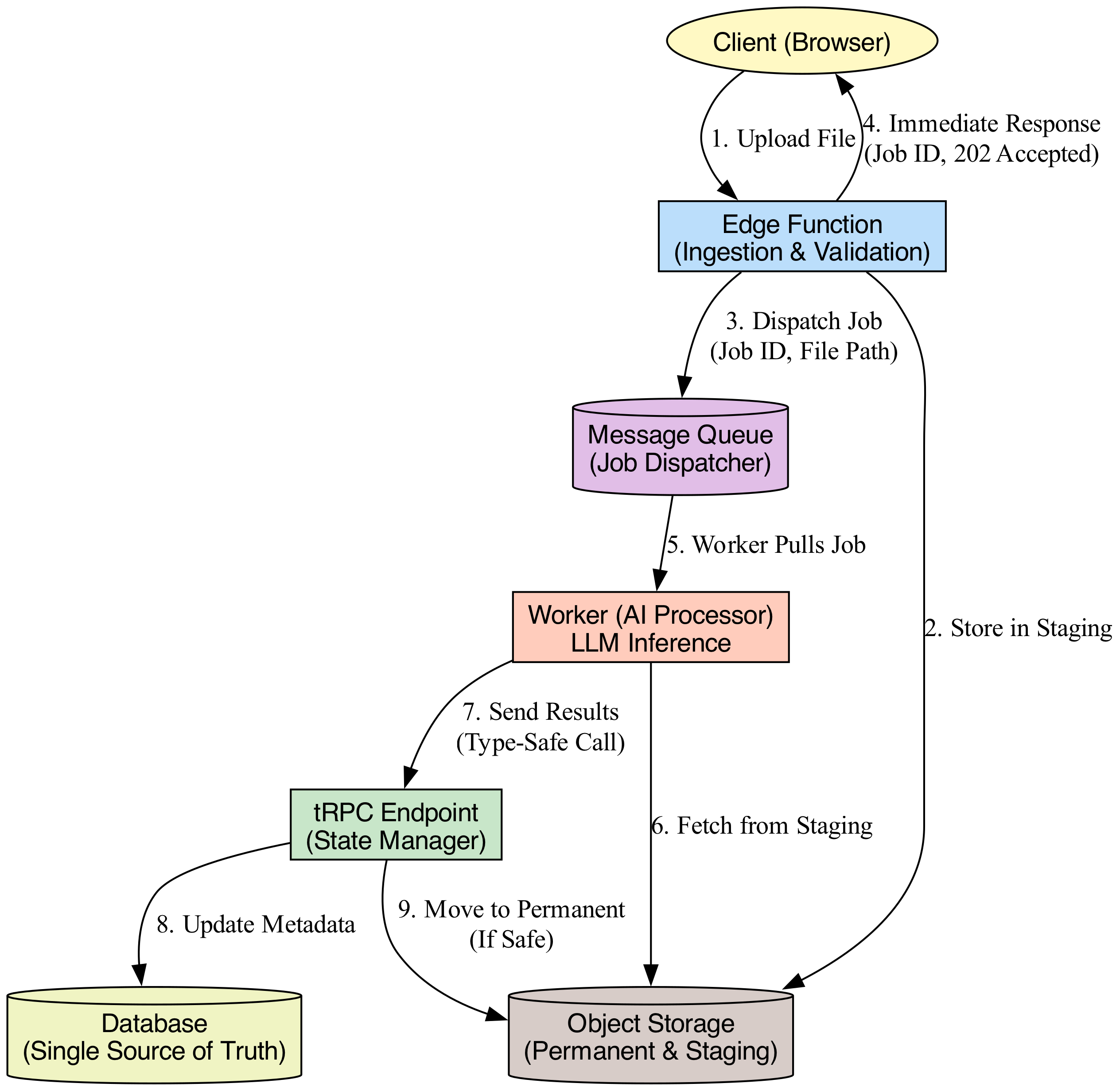 This diagram illustrates the decoupled, asynchronous pipeline where a user request triggers a background task, allowing the application to maintain a responsive UI while the heavy AI inference is processed independently and the result is delivered asynchronously.
