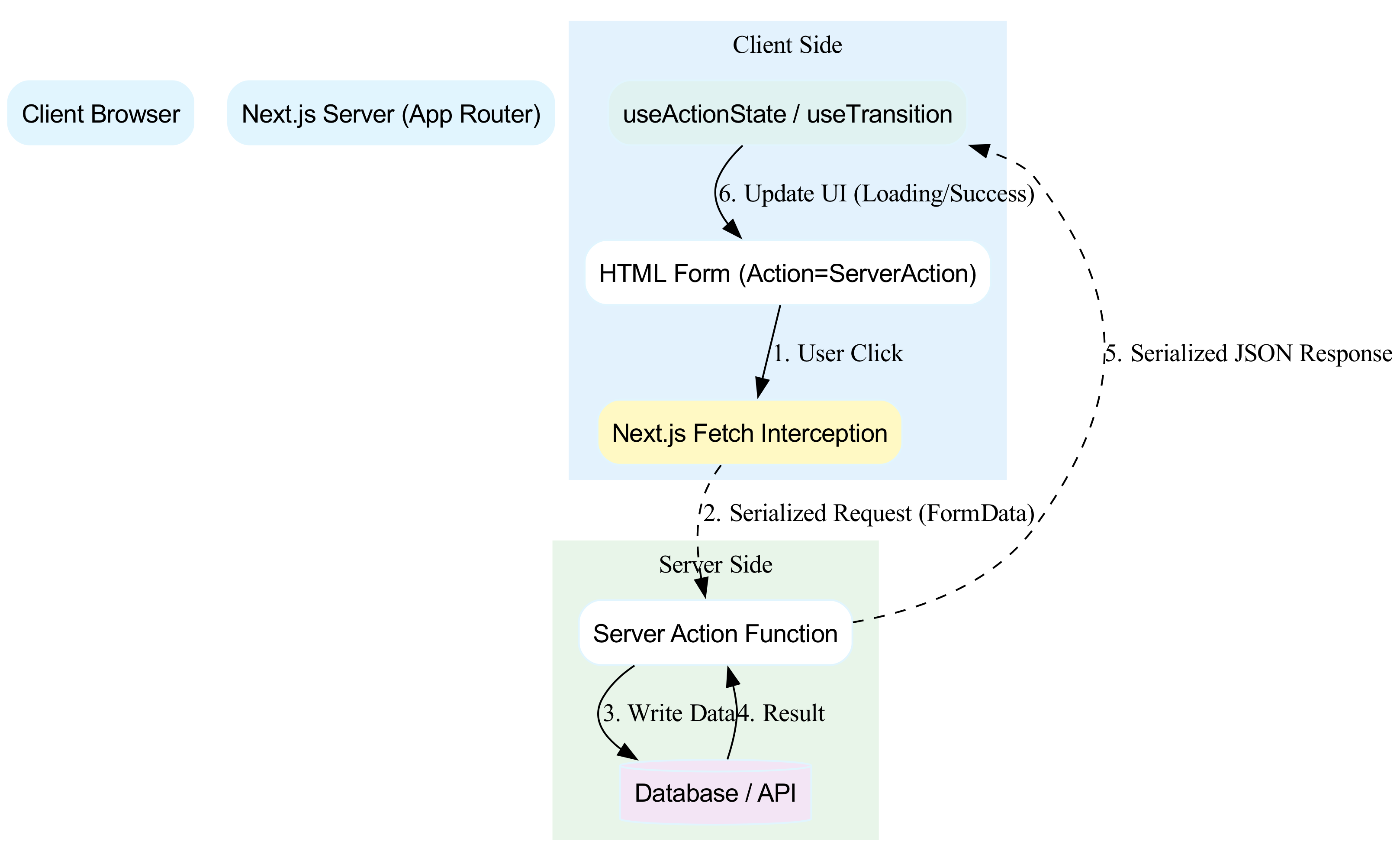 When a user clicks Submit, the client sends an action request to the server, which processes the data and returns a new state object to update the UI via useActionState.