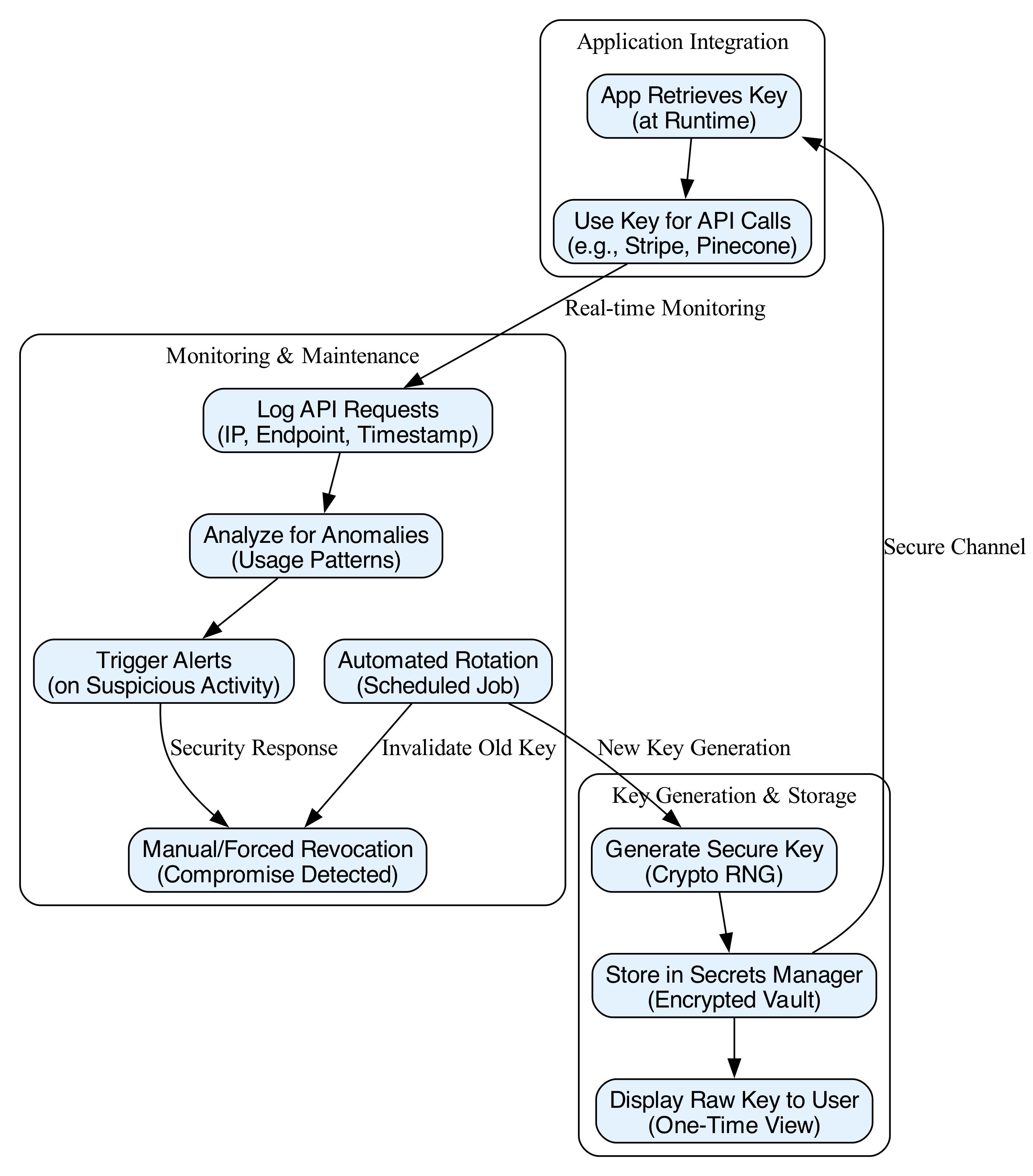 This diagram visualizes the API key lifecycle, tracing its journey from secure creation and active use to the critical revocation point, where access is instantly terminated to prevent unauthorized data flow.